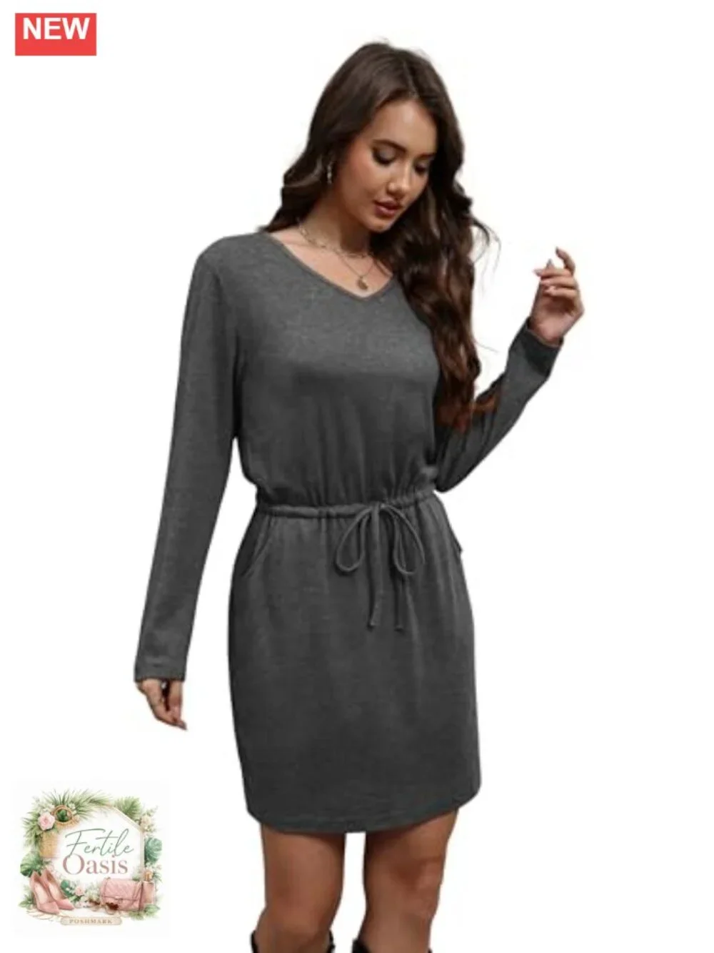 Women's Loose V-Neck Long Sleeve Tie Front A-Line Midi Dress with Pockets - Picture 3 of 6